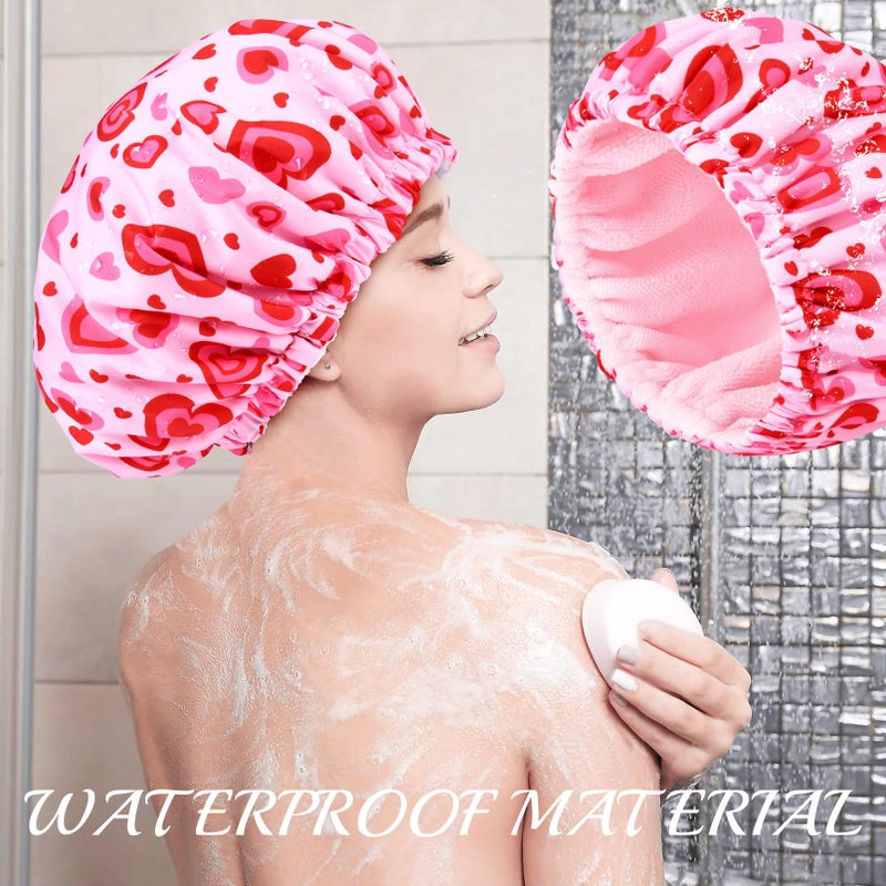 Aileam Shower Cap for Women Terry Lined Bath Cap Large Reusable Waterproof Elastic Band Pink Love Shower Caps for Long Thick Hair Soft Bath Shower Hair Caps - Image 3