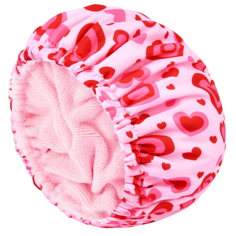Aileam Shower Cap for Women Terry Lined Bath Cap Large Reusable Waterproof Elastic Band Pink Love Shower Caps for Long Thick Hair Soft Bath Shower Hair Caps - Image 1