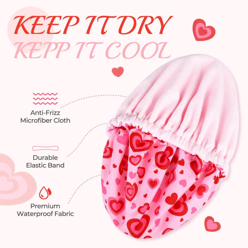 Aileam Shower Cap for Women Terry Lined Bath Cap Large Reusable Waterproof Elastic Band Pink Love Shower Caps for Long Thick Hair Soft Bath Shower Hair Caps - Image 2
