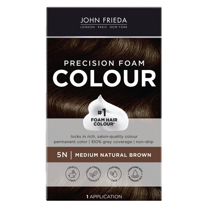 John Frieda Precision Foam Colour, Medium Natural Brown 5N, Full-coverage Hair Color Kit, Anti-Fade Gray Coverage, Deep Color Saturation Hair Dye, 1 Application - Image 1