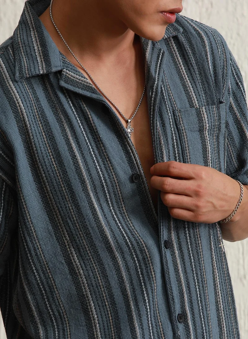 Hubberholme Men's Multicolour 100% Cotton Striped Button Down Regular Fit Shirt