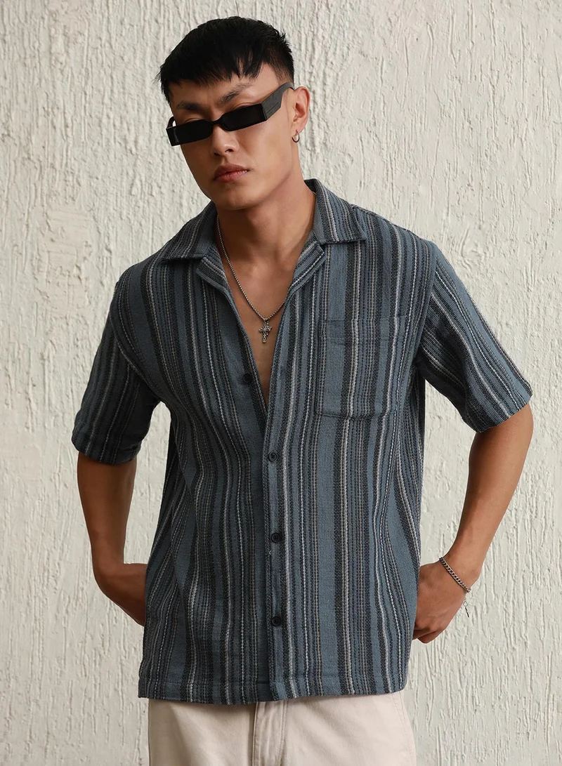 Hubberholme Men's Multicolour 100% Cotton Striped Button Down Regular Fit Shirt