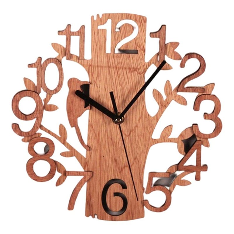 Wood Wall Clock Tree Bird Round Wood Wall Clock Silent Non Ticking Clock Art Battery Operated Decorative Clock for Office Living Room Bedroom Decor 23 x 23cm Black