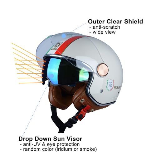 BEON Half 34 Face Motorcycle Helmet DOT Approved Retro Vintage Style Dual Visors Mens and Womens Motorbike Casco for Moped Cruiser Bobber and Chopper S Glossy Milky White - Image 3