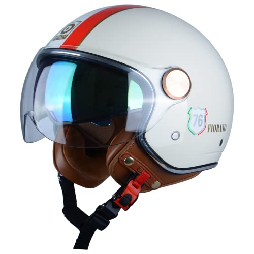 BEON Half 34 Face Motorcycle Helmet DOT Approved Retro Vintage Style Dual Visors Mens and Womens Motorbike Casco for Moped Cruiser Bobber and Chopper S Glossy Milky White - Image 1