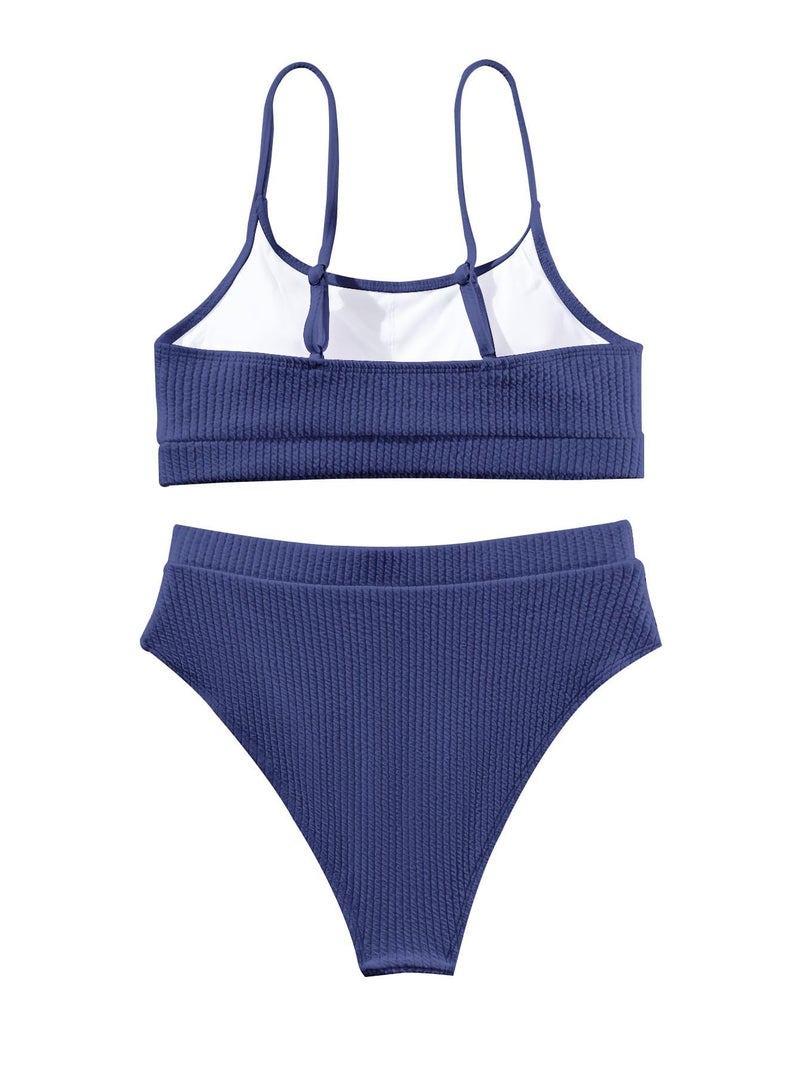 Lilosy High Waisted Tummy Control Bikini Ribbed Sporty Brazilian Swimsuit Set Women Highwaisted Cheeky Cut Leg Rise Bottom Crop Push Up Top 2 Piece Bathing Suit Navy Blue Medium - Image 4