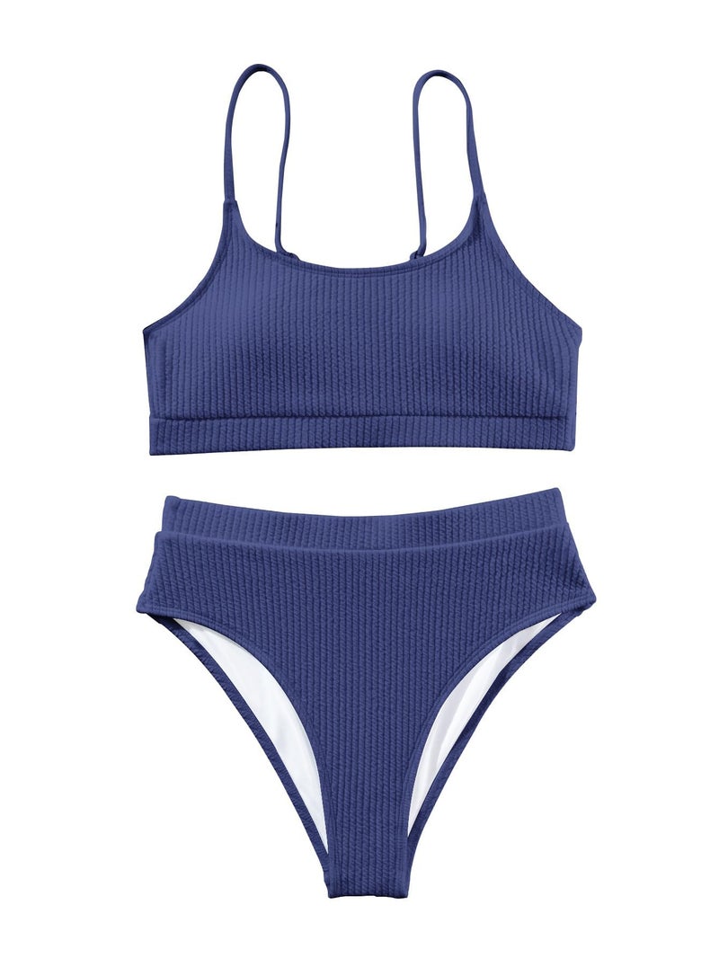 Lilosy High Waisted Tummy Control Bikini Ribbed Sporty Brazilian Swimsuit Set Women Highwaisted Cheeky Cut Leg Rise Bottom Crop Push Up Top 2 Piece Bathing Suit Navy Blue Medium - Image 3