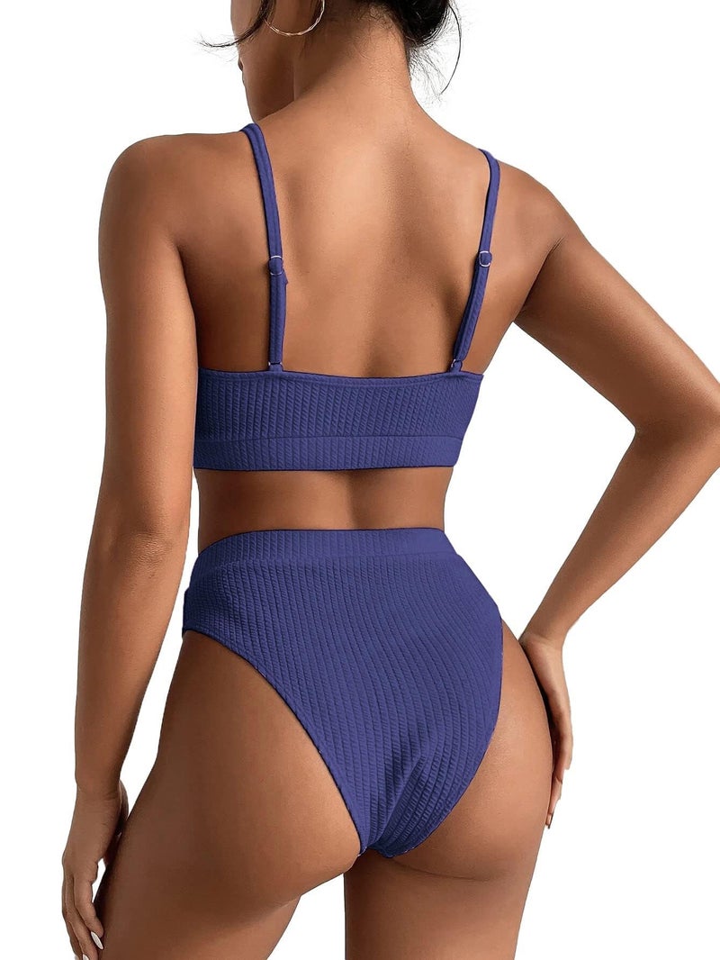 Lilosy High Waisted Tummy Control Bikini Ribbed Sporty Brazilian Swimsuit Set Women Highwaisted Cheeky Cut Leg Rise Bottom Crop Push Up Top 2 Piece Bathing Suit Navy Blue Medium - Image 2