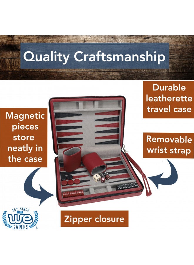 WE Games Backgammon Set, Board Games for Adults - Travel Games - Magnetic with Burgundy Leatherette Backgammon Board and Carrying Strap - Travel Backgammon Sets for Adults - Image 3