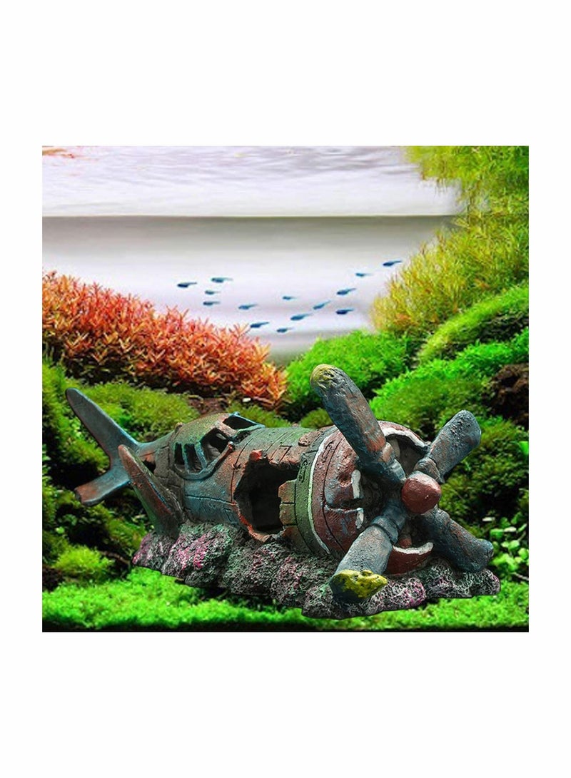 SYOSI Fish Tank Decoration, Fighter Vintage Airplane Ruins Landscape Fish Shrimp Shelter Cave Hideout Resin Aquarium Decor - Image 2