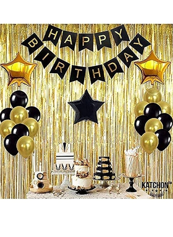 ماركة غير محددة مجموعة تزيين بخلفية مكتوبة Happy Birthday بلون الاسود مكونة من بالونات سوداء وذهبية وكرات ورقية لتزيين الحفلة مع ستارة لامعة من الرقائق المعدنية ذهبي  - Image 1