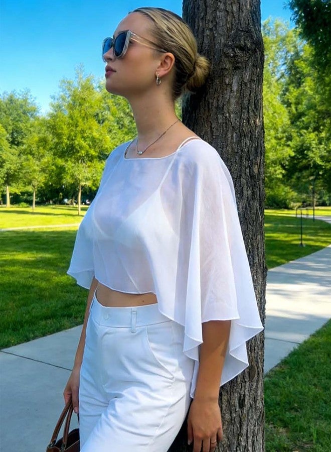 CHICGAL Womens Capelets Shawls and Wraps for Evening Dress Chiffon Capes Wedding Cover Up, White, One size - Image 2