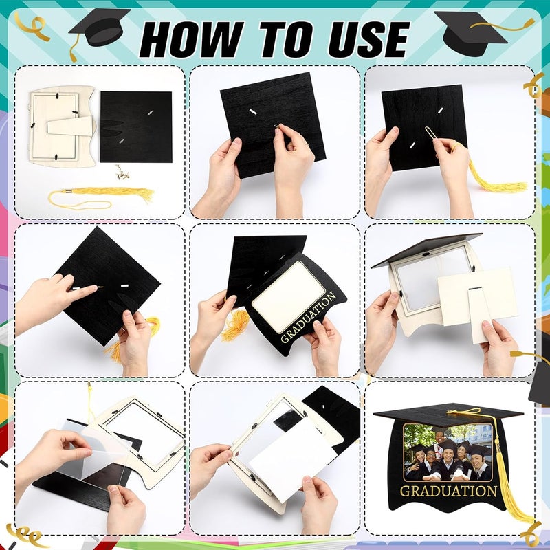 Qunclay Qunclay 4 Pcs Graduation Picture Frame with Tassel 4 x 6 Inch Wood Graduation Cap Shape Photo Frames Graduate Gifts for Class of 2025 High School College Graduates for Tabletop Display - Image 3