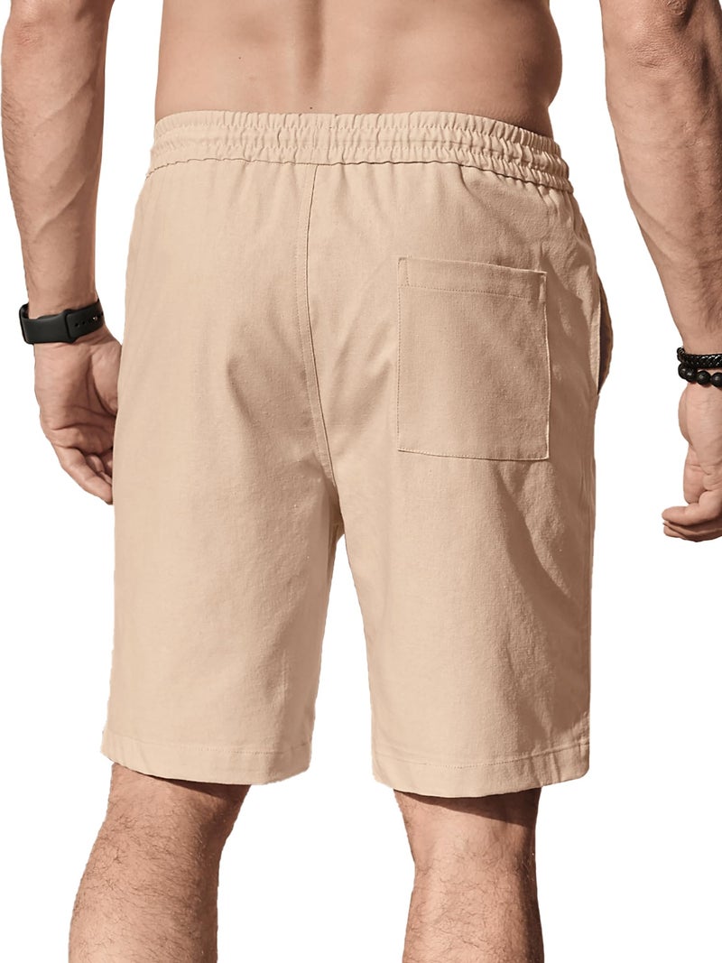 Comdecevis Men's Casual Linen Shorts Elastic Waist Drawstring Summer Beach Shorts, Light Khaki, Large - Image 2
