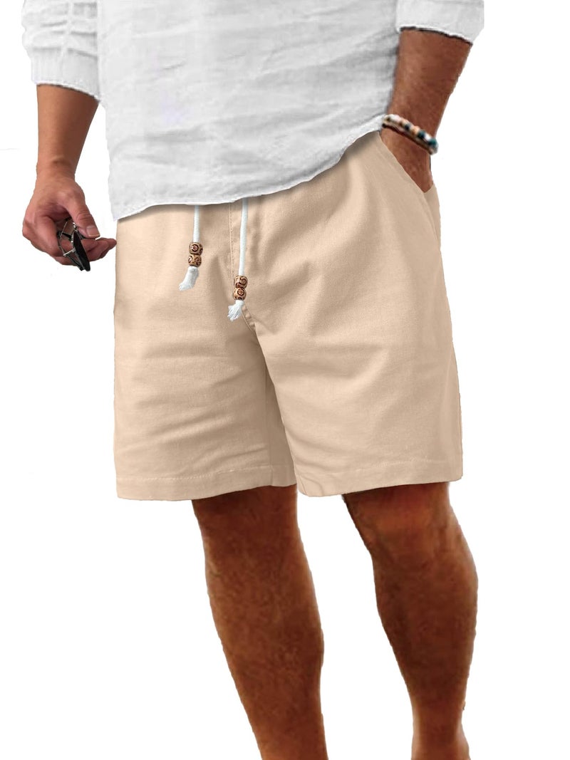 Comdecevis Men's Casual Linen Shorts Elastic Waist Drawstring Summer Beach Shorts, Light Khaki, Large - Image 1