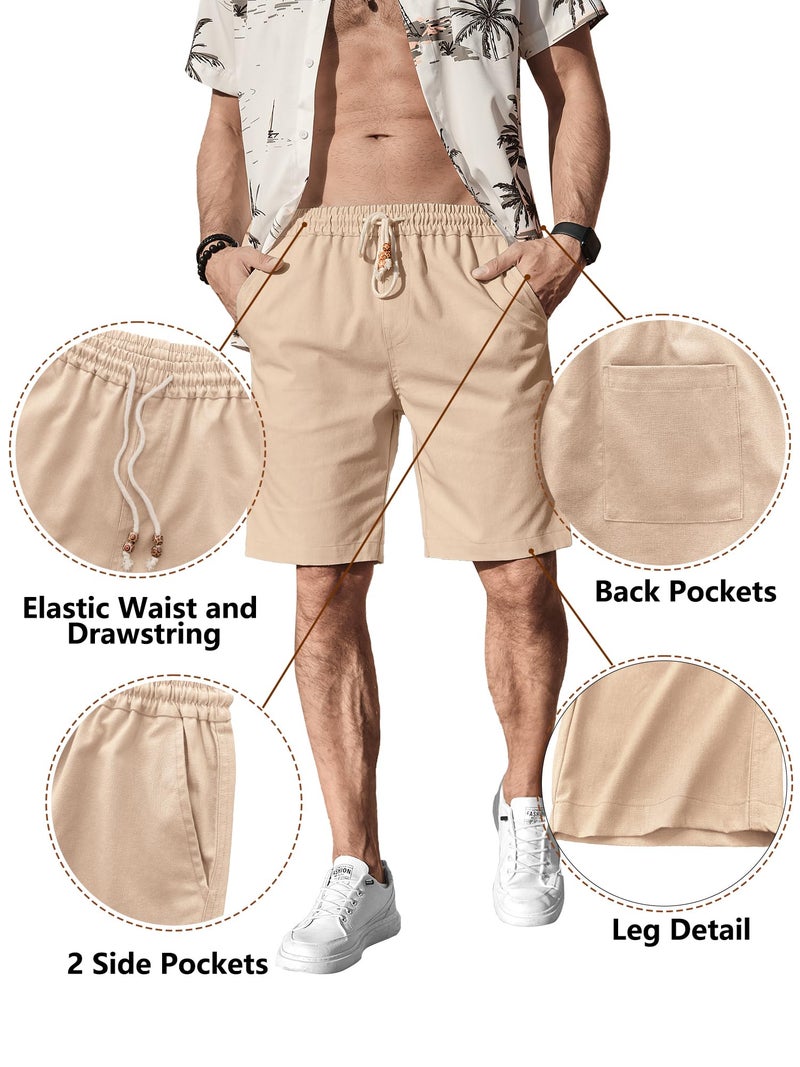 Comdecevis Men's Casual Linen Shorts Elastic Waist Drawstring Summer Beach Shorts, Light Khaki, Large - Image 3