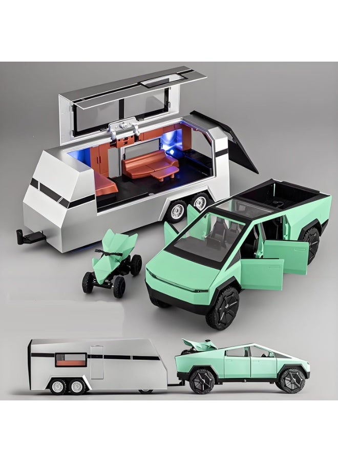 سمارتكس مجموعة ألعاب على طراز Tesla Cybertruck - تتضمن شاحنة بيك آب معدنية مصبوبة، ومقطورة RV، ومركبة ATV صغيرة مع أضواء وصوت - هدية مثالية للأطفال والكبار من سن 6 سنوات فما فوق - نموذج بمقياس 1:32 - Image 3