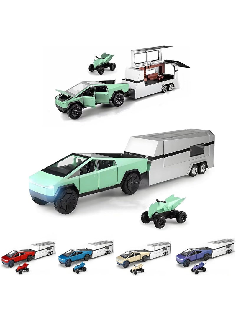 سمارتكس مجموعة ألعاب على طراز Tesla Cybertruck - تتضمن شاحنة بيك آب معدنية مصبوبة، ومقطورة RV، ومركبة ATV صغيرة مع أضواء وصوت - هدية مثالية للأطفال والكبار من سن 6 سنوات فما فوق - نموذج بمقياس 1:32 - Image 1
