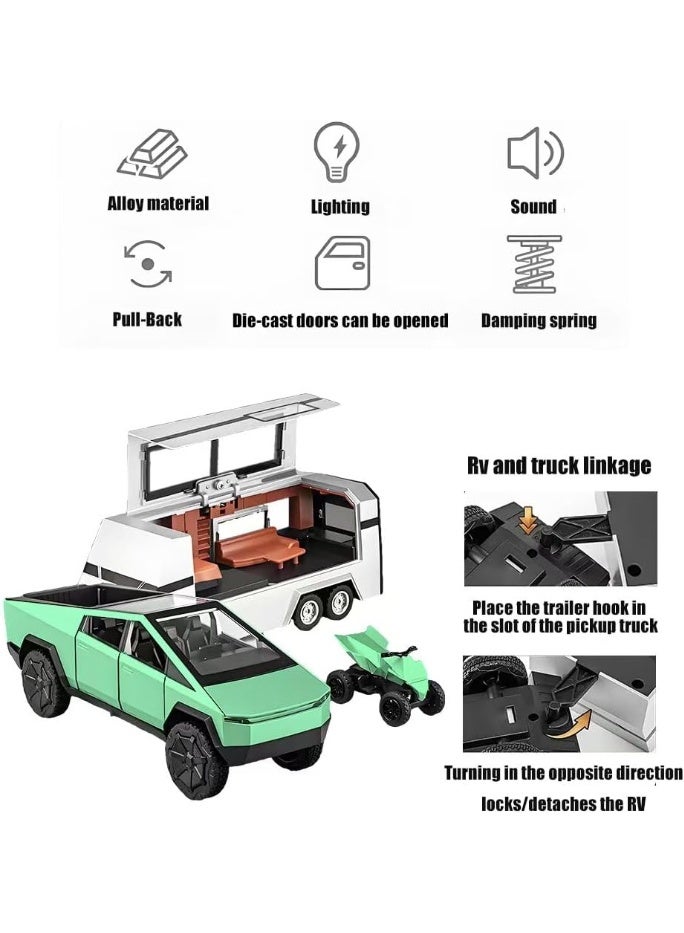 سمارتكس مجموعة ألعاب على طراز Tesla Cybertruck - تتضمن شاحنة بيك آب معدنية مصبوبة، ومقطورة RV، ومركبة ATV صغيرة مع أضواء وصوت - هدية مثالية للأطفال والكبار من سن 6 سنوات فما فوق - نموذج بمقياس 1:32 - Image 2