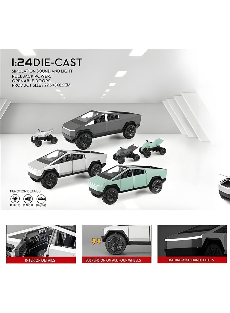 سمارتكس مجموعة ألعاب على طراز Tesla Cybertruck - تتضمن شاحنة بيك آب معدنية مصبوبة، ومقطورة RV، ومركبة ATV صغيرة مع أضواء وصوت - هدية مثالية للأطفال والكبار من سن 6 سنوات فما فوق - نموذج بمقياس 1:32 - Image 4
