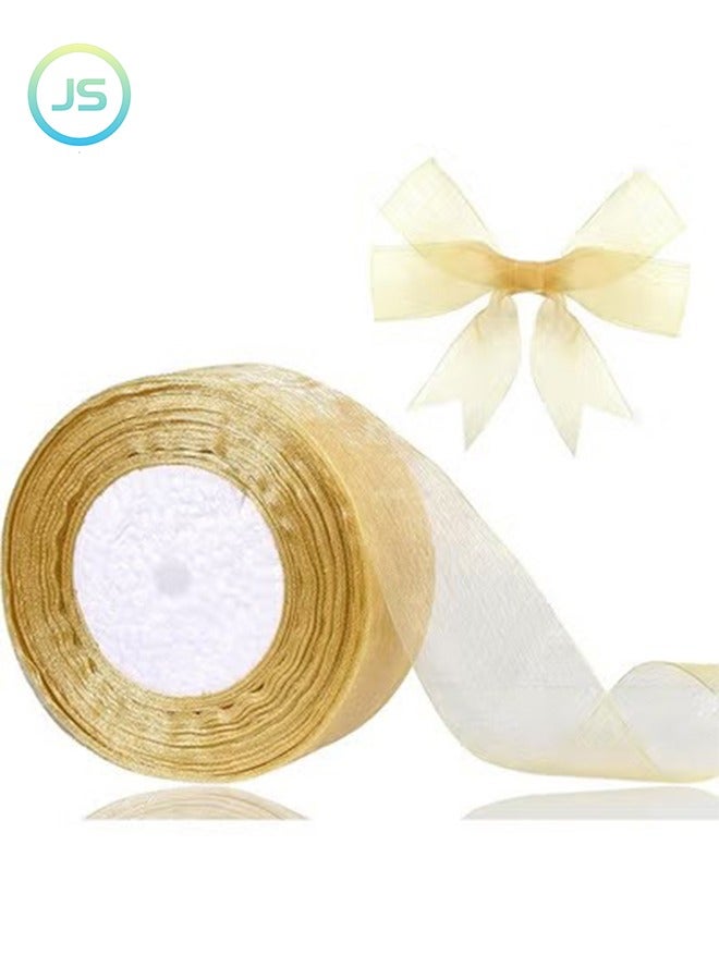 JS 2cm x 45 Meters Sheer Organza Ribbon Gold Chiffon Ribbon for Crafting, Gift Wrapping, Party Favors, Wedding Bouquet Crafts, Bow Making, Bouquets, Sewing Projects & Craft Supplies - Image 1