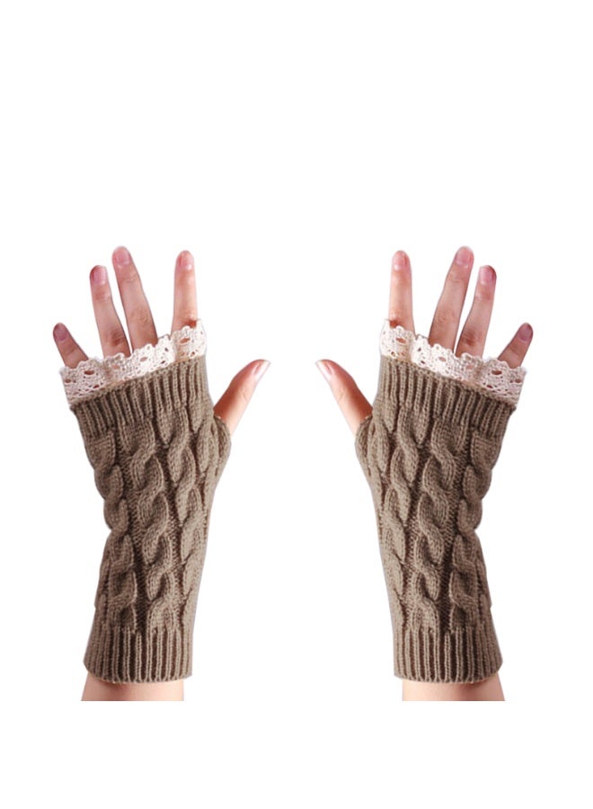 Women Knit Arm Warmer Winter Fingerless Thumb Hole Mitten Soft Gloves with Lace - Image 2