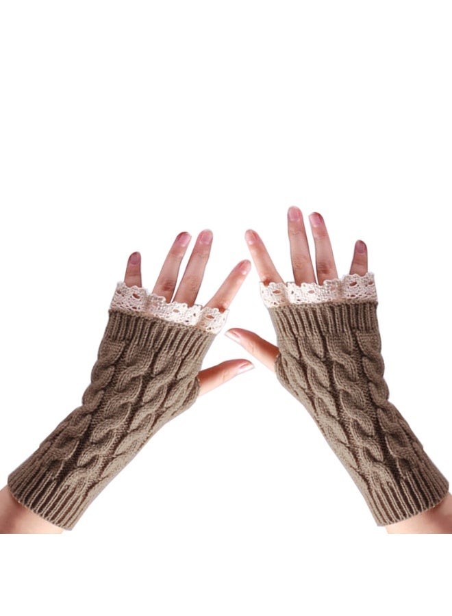 Women Knit Arm Warmer Winter Fingerless Thumb Hole Mitten Soft Gloves with Lace - Image 1
