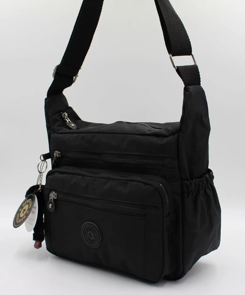 بيفيتون Black Color Water Resistant Crinkle Fabric Messenger Shoulder Bag / 4100