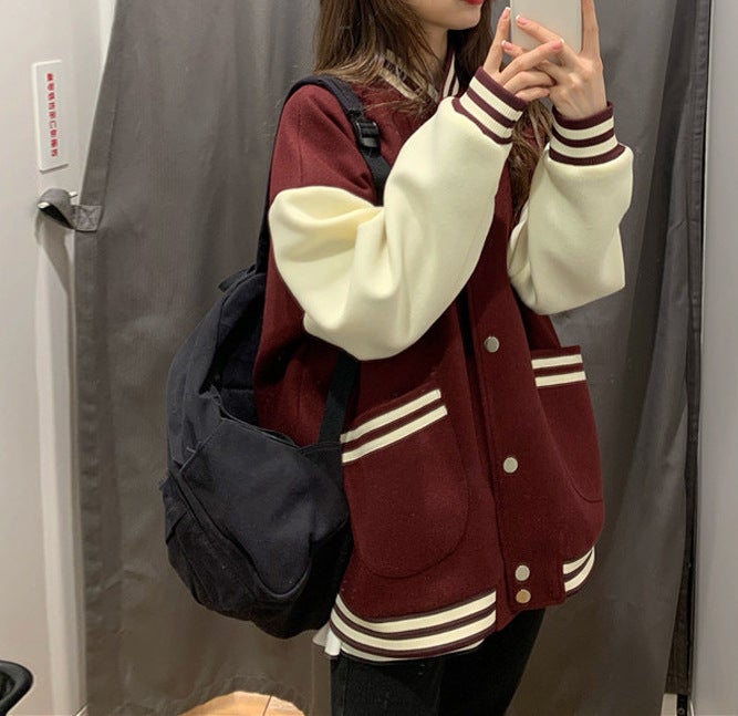 Womens Loose-Fit Harajuku Style Baseball Cap Sweater Autumn/Winter 2023 New Korean Version Versatile Trendy Jacket Wine red 