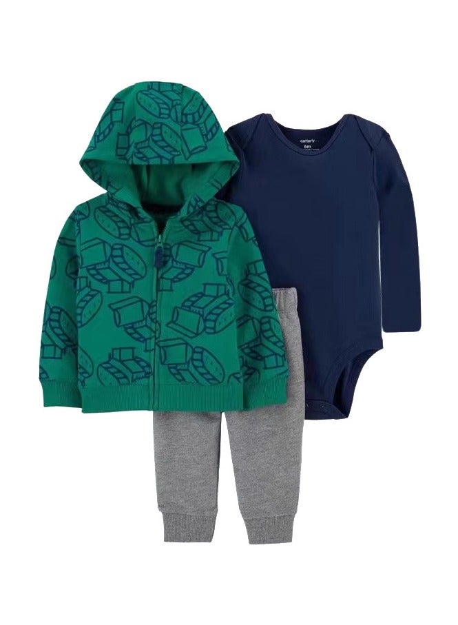 RedMapleTEK Boys And Girls Baby Sweater Jacket Hooded Coat Long-Sleeved Jumpsuit Baby Three-Piece Set  - Image 1