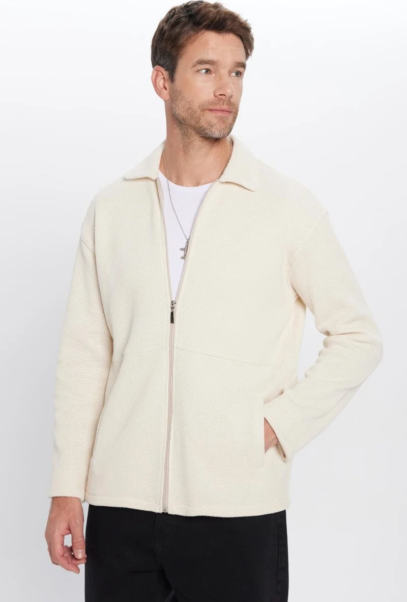 تودورس Relax Fit Comfortable Cut Knitted Zippered Double Pocket Ecru Winter Shirt