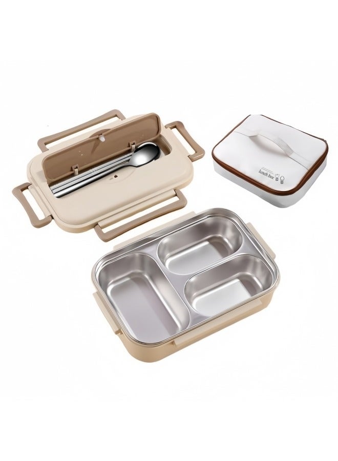 GGEROU Lunch Box,1200ml Stainless Steel Bento Box,Versatile 3-Compartment Portable Lunch Box Container-Salad Lunch Containers for Adults/Kids with Spoon Fork Thermos Bag Accessories Beige  - Image 1