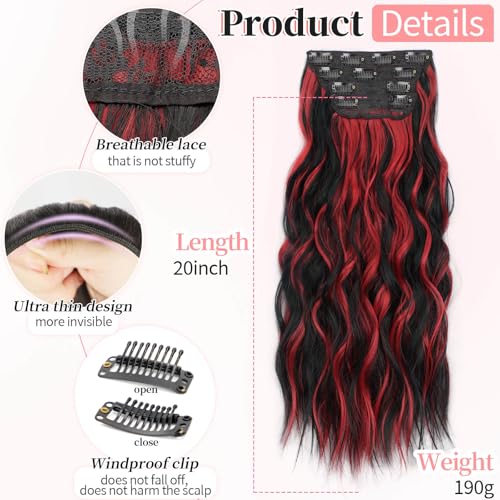KooKaStyle Hair Extensions Black Mix Red Highlights 1B113 Clip in Synthetic Highlight Hair Extensions Long Wavy 4PCS Thick Hairpieces 20 Inch for Women - Image 3