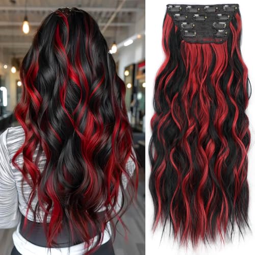 KooKaStyle Hair Extensions Black Mix Red Highlights 1B113 Clip in Synthetic Highlight Hair Extensions Long Wavy 4PCS Thick Hairpieces 20 Inch for Women - Image 1