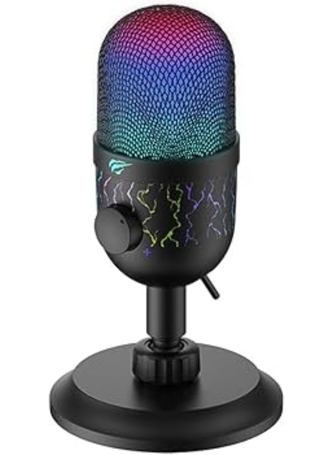 Havit GK52 Live Recording Microphone, Black - Cardioid Pickup Pattern, 48kHz/16-bit High Recording, Dynamic RGB Lighting, Gain and Mute Buttons, Shock Absorber Support - Image 1