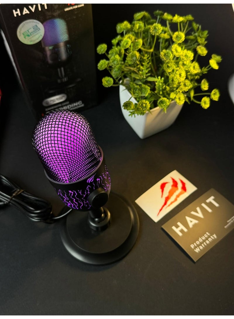 Havit GK52 Live Recording Microphone, Black - Cardioid Pickup Pattern, 48kHz/16-bit High Recording, Dynamic RGB Lighting, Gain and Mute Buttons, Shock Absorber Support - Image 3