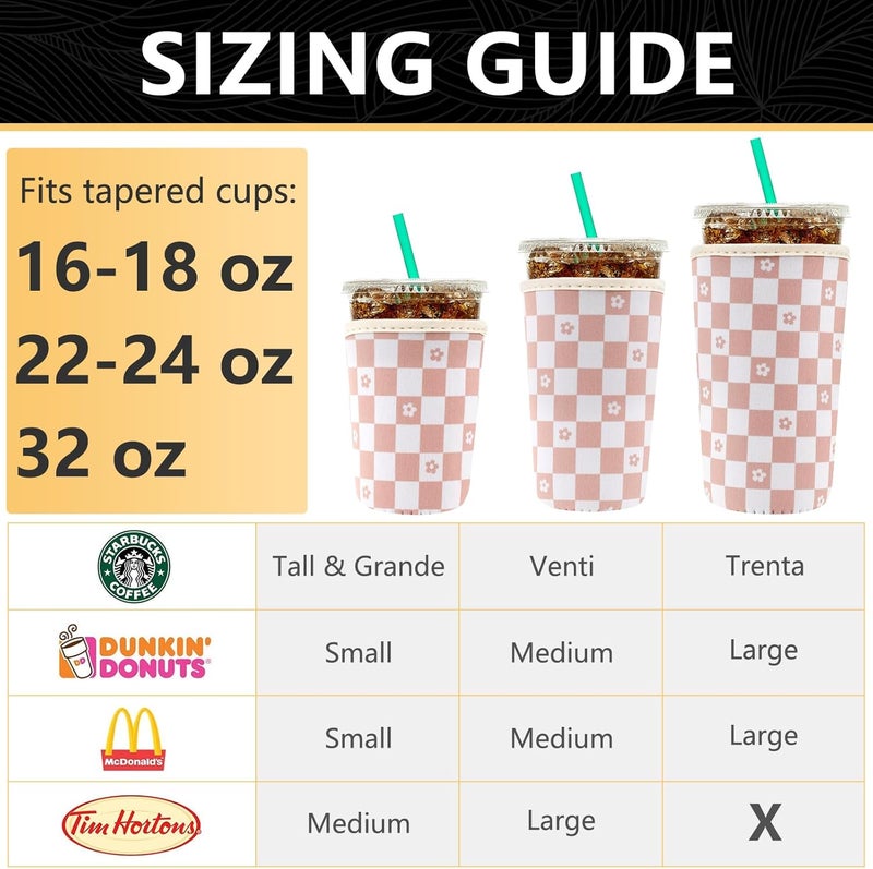 YR Reusable Neoprene Insulator Sleeve for Iced Coffee Cups, 3 Pack Coffee Coolies sleeves for Iced u0026 Hot Drinks, Cold Beverage Cooler Compatible with Starbucks Coffee and More (Floral Checkered) - Image 3