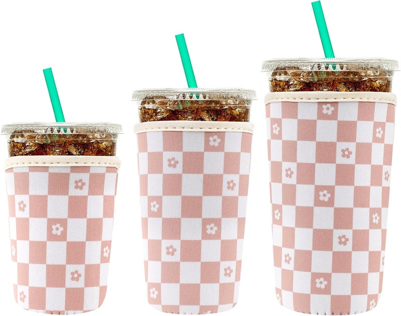 YR Reusable Neoprene Insulator Sleeve for Iced Coffee Cups, 3 Pack Coffee Coolies sleeves for Iced u0026 Hot Drinks, Cold Beverage Cooler Compatible with Starbucks Coffee and More (Floral Checkered) - Image 1