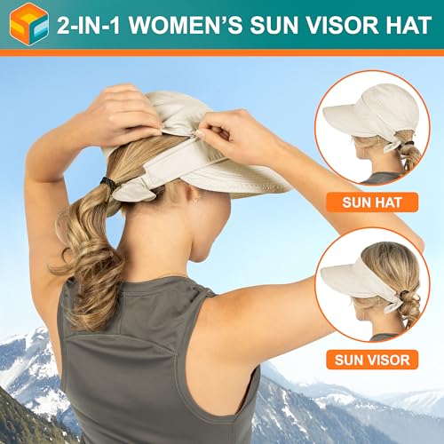 Suncube SUN CUBE Women Sun Hat for Outdoor UV Protection, Wide Brim Sun Hat Ponytail, Convertible Zip-Off Beach Hat Visor for Golf Gardening Pool Travel, Foldable Summer UPF50+ Visor Hat, Beige - Image 5