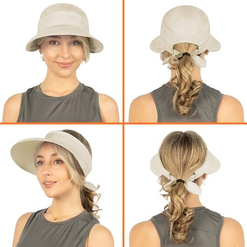 Suncube SUN CUBE Women Sun Hat for Outdoor UV Protection, Wide Brim Sun Hat Ponytail, Convertible Zip-Off Beach Hat Visor for Golf Gardening Pool Travel, Foldable Summer UPF50+ Visor Hat, Beige - Image 4