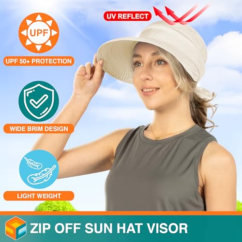 Suncube SUN CUBE Women Sun Hat for Outdoor UV Protection, Wide Brim Sun Hat Ponytail, Convertible Zip-Off Beach Hat Visor for Golf Gardening Pool Travel, Foldable Summer UPF50+ Visor Hat, Beige - Image 3