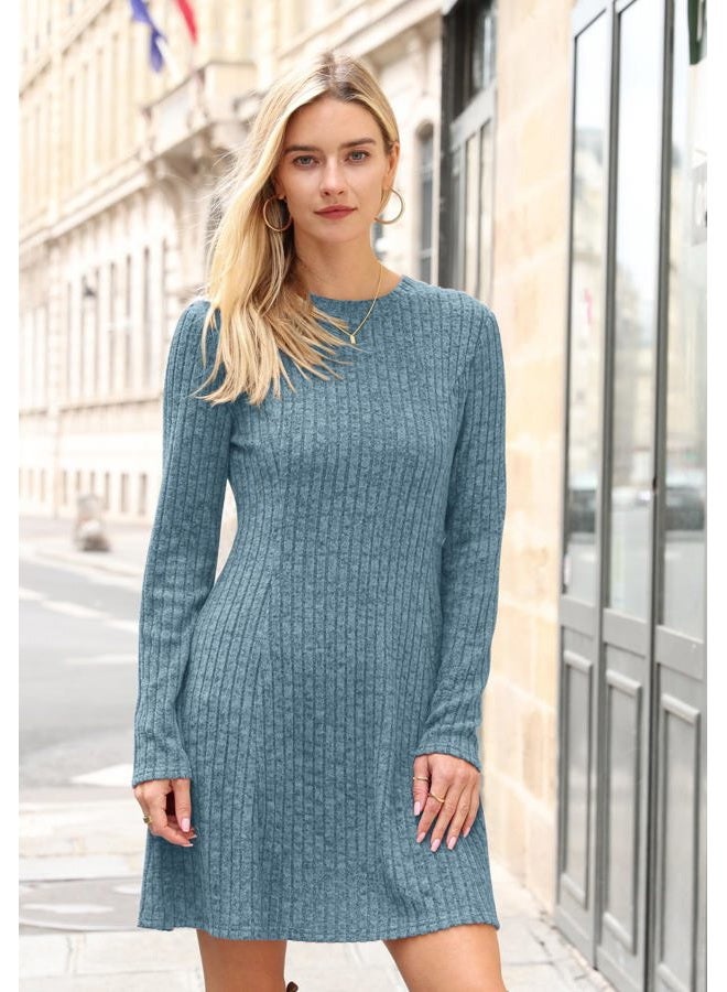 OFEEFAN Fall Dresses for Women 2025 Long Sleeve Crew Neck Sweater Dress, Blue, M - Image 2