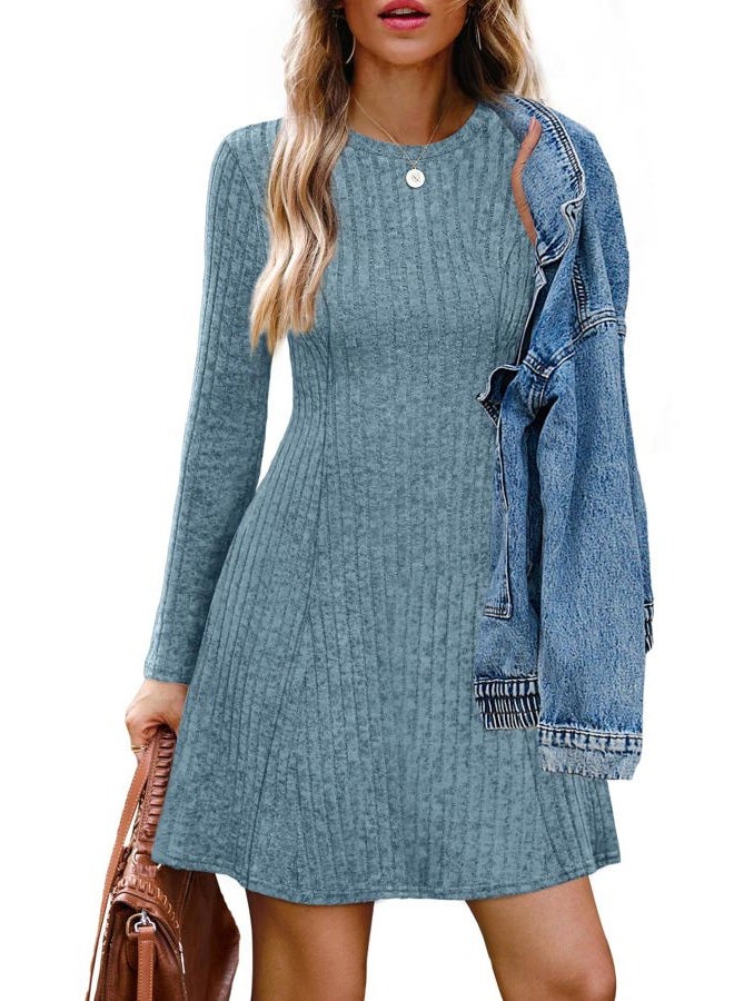 OFEEFAN Fall Dresses for Women 2025 Long Sleeve Crew Neck Sweater Dress, Blue, M - Image 4