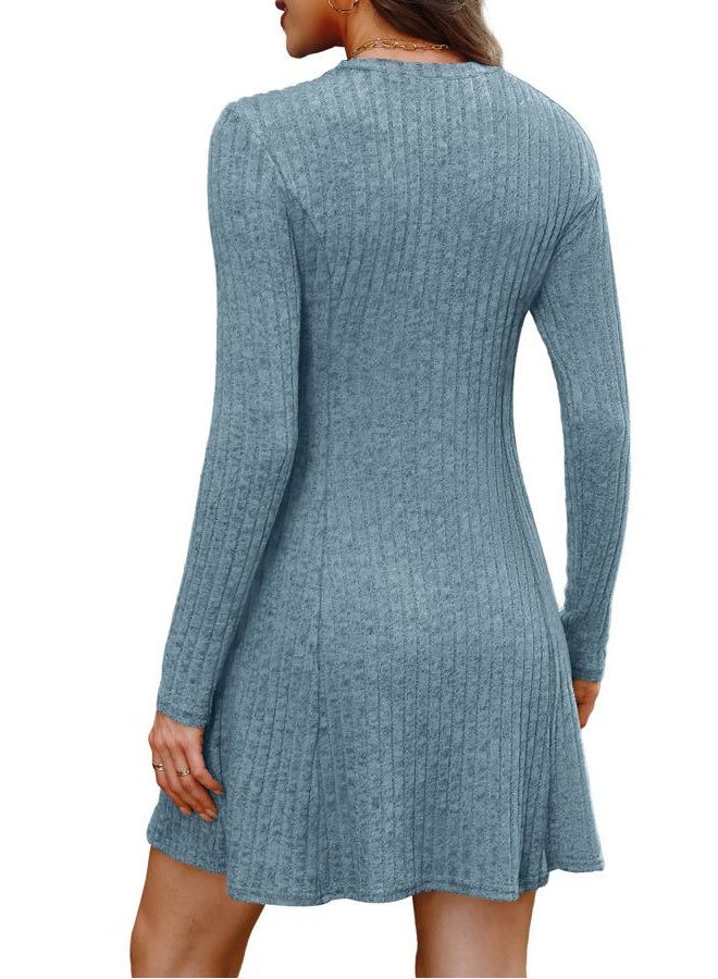 OFEEFAN Fall Dresses for Women 2025 Long Sleeve Crew Neck Sweater Dress, Blue, M - Image 5