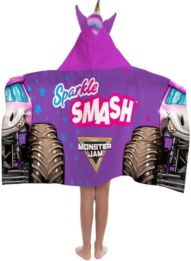 Jay Franco Kids Hooded Towel - 22" x 51" Super Soft Bath Wrap with 3D Hood, Beach, Pool & Travel, Official Licensed Product, Purple - Monster Jam Sparkle Smash - Image 1