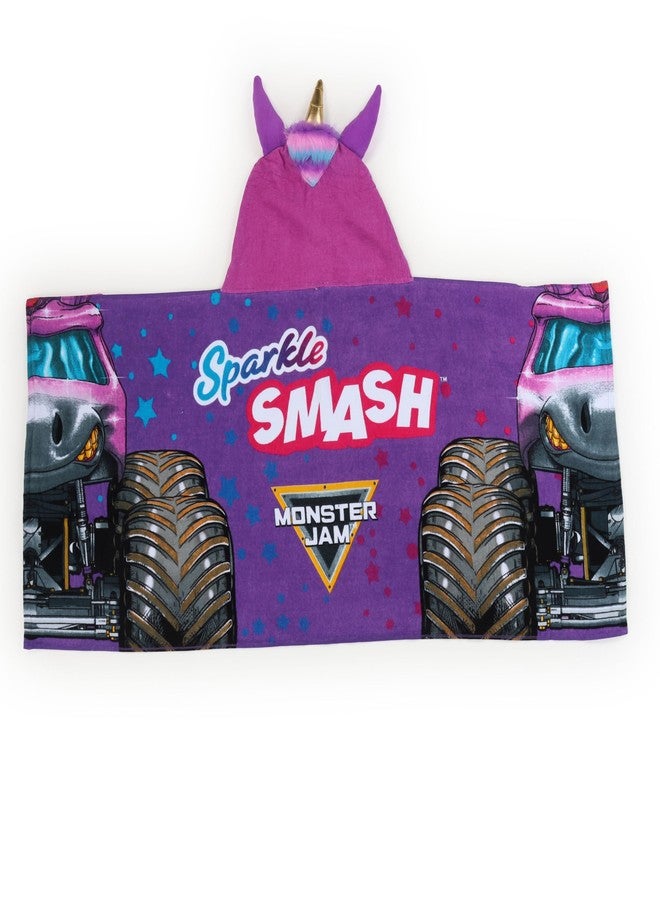 Jay Franco Kids Hooded Towel - 22" x 51" Super Soft Bath Wrap with 3D Hood, Beach, Pool & Travel, Official Licensed Product, Purple - Monster Jam Sparkle Smash - Image 2