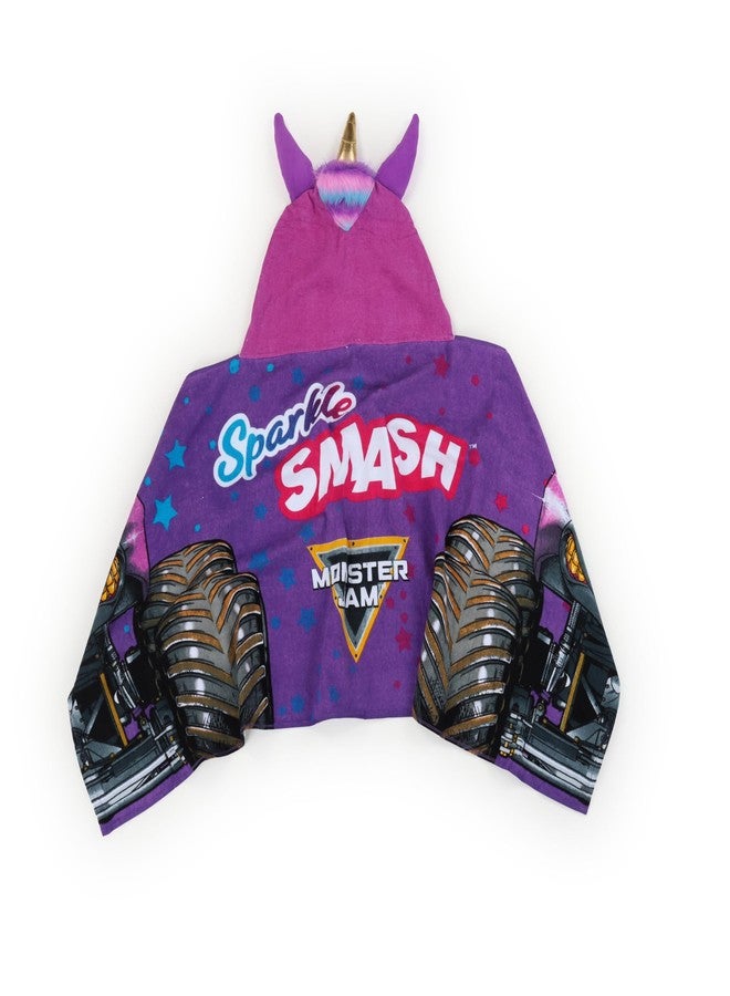Jay Franco Kids Hooded Towel - 22" x 51" Super Soft Bath Wrap with 3D Hood, Beach, Pool & Travel, Official Licensed Product, Purple - Monster Jam Sparkle Smash - Image 3