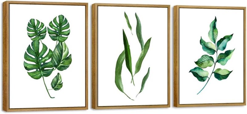Pyradecor Natural Wood Framed Green Leaves Canvas Prints Wall Art Abstract Watercolor Pictures Paintings for Living Room Bedroom Home Decorations 3pcs Modern Grace Floral Giclee Artwork - Image 1