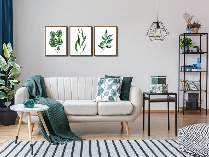 Pyradecor Natural Wood Framed Green Leaves Canvas Prints Wall Art Abstract Watercolor Pictures Paintings for Living Room Bedroom Home Decorations 3pcs Modern Grace Floral Giclee Artwork - Image 4