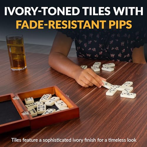 Hathaway Premium Dominos Set for Adults & Kids - with Wooden Carry Case, 28 Double-Six Ivory Dominoes with Black Pips, Felt-Lined Walnut Case & Brushed Nickel Latch – Classic Tabletop Family Games - Image 5
